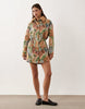 Cinched Shirt Mini Dress With Detachable Fur Collar In Floral Tapestry