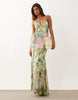 Mesh Exposed Seam Sculpted Cupped Maxi Dress In Green Floral Print