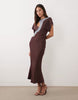Lace Applique Grown On Sleeve Bias Cut Satin Midi Dress In Plum