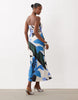 Satin Bandeau Maxi Dress In Abstract Art Print And Contrast Lining