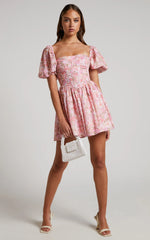 Phorchia Mini Dress - Fit and Flare Puff Sleeve Corset Dress in Fleur Print
