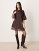 Oversized Mini Dress With Lace Hem Trim In Chocolate