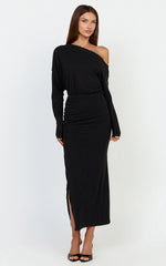 Alyce Midi Dress - Jersey Asymmetric Ruched Bodycon Dress in Black