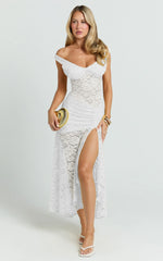 Tatum Midi Dress - Lace Off Shoulder Side Split Dress in Off White