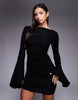 Backless Waterfall Sleeve Ruched Side Mini Dress In Black