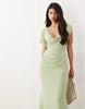 Draped Mesh Asymmetric Sleeve Maxi Dress In Sage Green