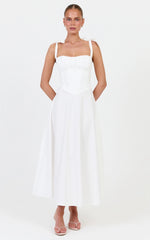 Vionette Midi Dress - Tie Shoulder Ruched Bust Corset Dress in White