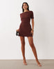 Rib Slash Neck Shoulder Seam Mini Dress In Chocolate