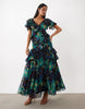 Full Hem Ruffle Maxi Dress With Trim Detail And Open Back In Black Floral