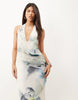 Printed Halter Maxi Dress With Draped Sash Detail In Blue Floral