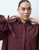 Curve Hybrid Cord Mini Shirt Dress With Balloon Sleeve And Voile Hem In Washed Burgundy