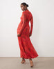 Bardot Mesh High Neck Twist Detail Side Split Maxi Dress In Red Floral Print