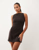 Soft Cord Slash Neck Mini Dress In Chocolate