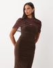 Missyempire Double Sculpted Slinky Mesh Overlay Cape Detail Maxi Dress In Chocolate