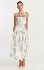 Astra Midi Dress - Halter Neck Drop Waist Dress in Astra Posey Floral Print