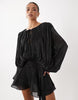 Lioness Elements High Sheen Chiffon Drape Detail Balloon Sleeve Tie Waist Mini Dress In Black