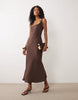 Satin Bias Cut Midaxi Dress In Chocolate Brown