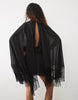 Tall Shoulder Pad Tie Neck Fringe Sleeve Mini Dress In Black