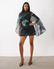 High Neck Drape Front Extreme Cape Sleeve Mini Dress In Blue Grey Abstract