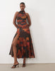Bardot Mesh High Neck Ruched Side Thigh Split Maxi Dress In Abstract Floral Print