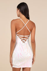 Sparkle 'til Dawn White Iridescent Sequin Lace-Up Mini Dress