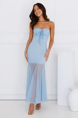 Misty Morning Magic Strapless Mesh Maxi Dress Blue