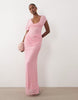 Mesh Draped Asymmetric Sleeve Maxi Dress In Pink