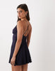 Lace Plunge Mini Dress With Flare Skirt In Navy