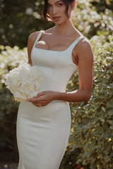 ivory satin button back bridal gown