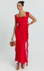 Rosha Midi Dress - Ruffle Strap Dress in Red