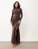 Maxi High Neck Slinky Dress With Lace Trim Open Back Detail In Chocolate