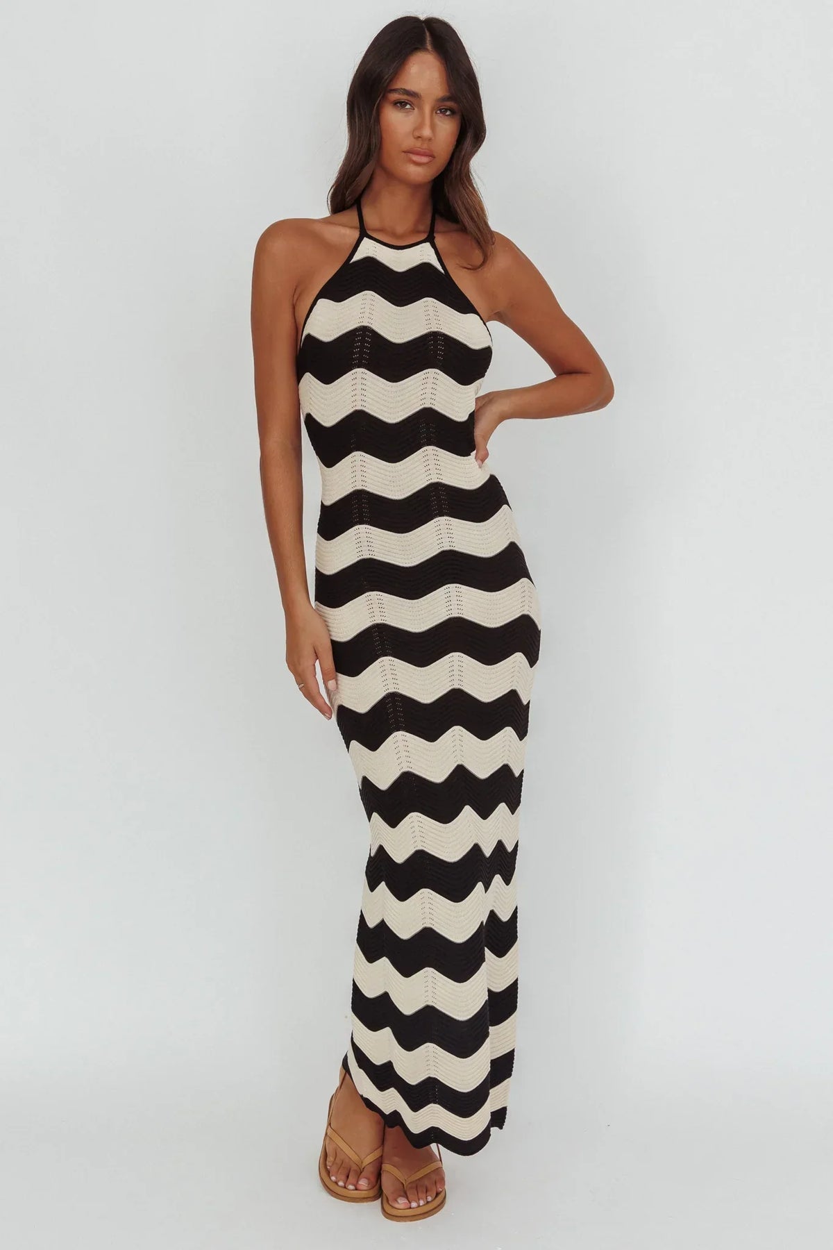 Yelena Halter Neck Knit  Maxi Dress Zig-Zag Cream
