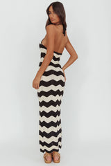 Yelena Halter Neck Knit  Maxi Dress Zig-Zag Cream