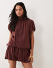 High Neck Mini Dress With Bubble Hem In Chocolate Brown
