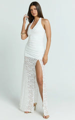Ellen Maxi Dress - Plunge Neck Lace Frill Hem Dress in White