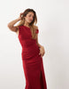 Tfnc Slinky Fallen Shoulder Thigh Split Maxi Dress In Red