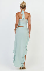 Ocean Maxi Dress - Halter Neck Floral Trim Ruffle Cutaway Skirt Dress in Mint