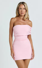 Stefanie Mini Dress - Ruched One Shoulder Dress in Pale Pink