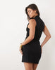 Plunge Front Grown On Neck Mini Dress In Black