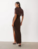 Missyempire Double Sculpted Slinky Mesh Overlay Cape Detail Maxi Dress In Chocolate