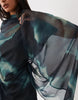 High Neck Drape Front Extreme Cape Sleeve Mini Dress In Blue Grey Abstract