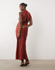 Pleated Gathered Bodice Satin Maxi Dress With High Neck In Terracotta