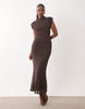 Printed Mesh High Neck Detail Maxi Dress With Shoulder Pads In Polka Dot