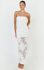 Sienna Midi Dress - Strapless Floral Embroidered Bodycon Dress in White