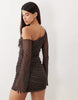 Printed Mesh Off Shoulder Mini Dress With Angel Sleeve In Spot Print