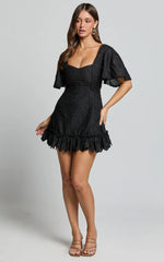 Fancy A Spritz Mini Dress - Square Neck Dress in Black Embroidery