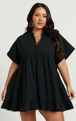 Calissa Mini Dress - Frill Hem Smock Dress in Black