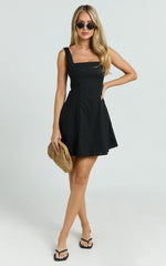 Adiana Mini Dress - Linen Square Neck Shirred Back A Line Dress in Black