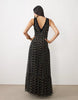 Lace & Beads Tulle Velvet Trim Plunge Neck Tiered Maxi Dress In Black Polka Dot