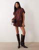 High Neck Mini Dress With Bubble Hem In Chocolate Brown